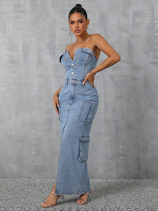 Slit Half Button Tube Denim Dress - Divacious