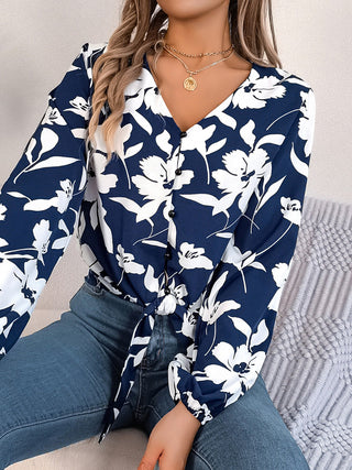 Printed V-Neck Long Sleeve Blouse Divacious