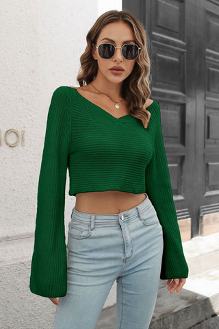 Cropped V-Neck Flare Sleeve Knit Top Divacious