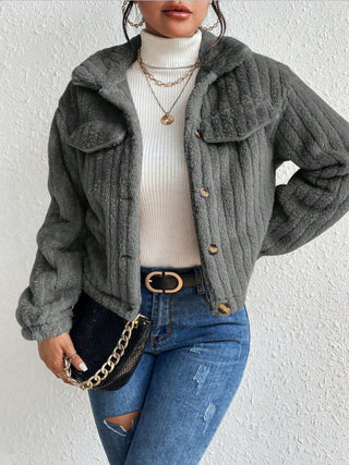 Fuzzy Button Up Collared Neck Jacket Divacious