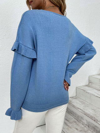 Ruffled V-Neck Dropped Shoulder Sweater Divacious