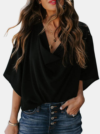 Full Size Cowl Neck Three-Quarter Sleeve Blouse Divacious