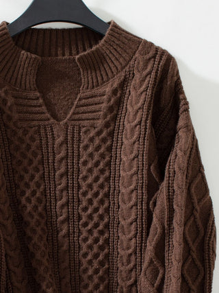 Cable-Knit Notched Long Sleeve Sweater - Divacious