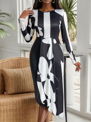 Perfee Asymmetrical Slit Round Neck Long Sleeve Midi Dress Trendsi