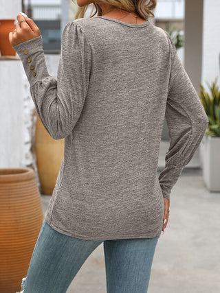 Decorative Button Round Neck Long Sleeve T-Shirt Divacious