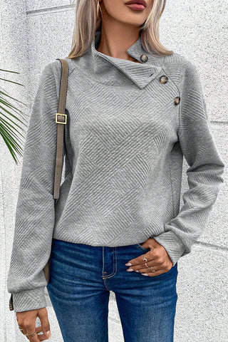 Geometric Buttoned Long Sleeve Sweatshirt Divacious