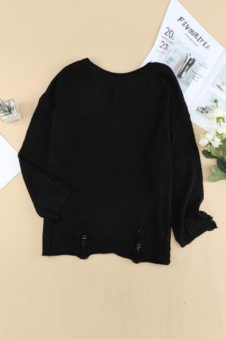 Round Neck Distressed Drop Shoulder Sweater Divacious