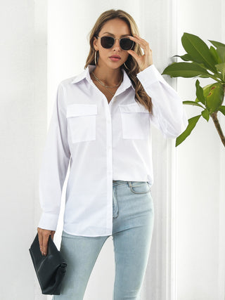 Collared Neck Buttoned Shirt with Pockets Divacious