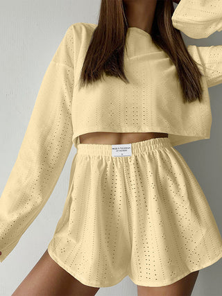 Eyelet Round Neck Top and Shorts Set Trendsi