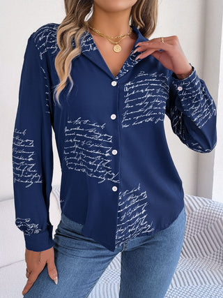 Letter Printed Button Up Long Sleeve Blouse Divacious