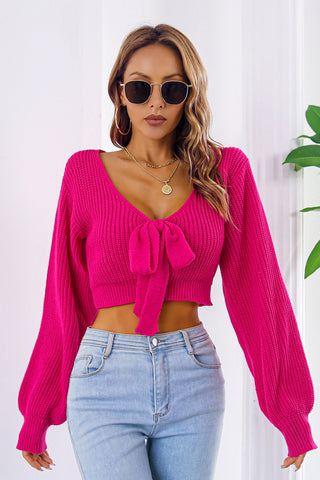 Bow V-Neck Long Sleeve Cropped Sweater Divacious