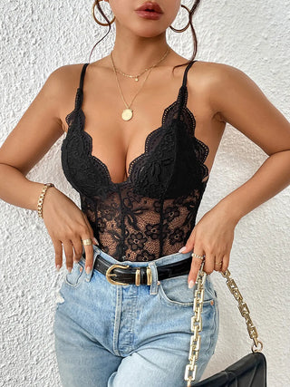 Lace V-Neck Spaghetti Strap Bodysuit Divacious