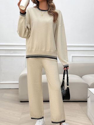 Devine Round Neck Dropped Shoulder Top and Pants Sweater Set Trendsi