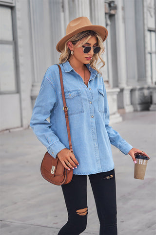 Collared Neck Dropped Shoulder Denim Top Divacious