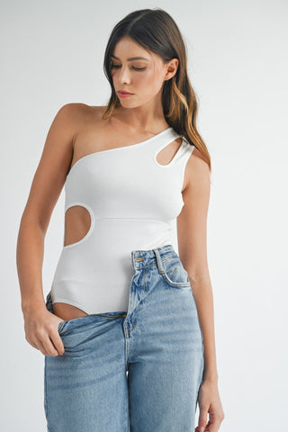 MABLE One Shoulder Ribbed Cutout Detail Bodysuit Divacious