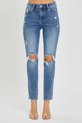 Full Size High Rise Knee Distressed Skinny Jeans Divacious