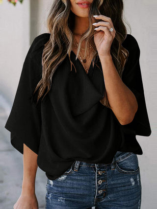 Full Size Cowl Neck Three-Quarter Sleeve Blouse Divacious