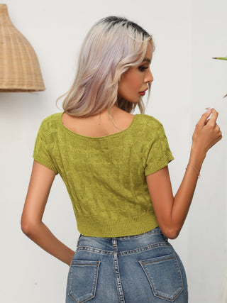 Cable-Knit Round Neck Short Sleeve Knit Top Divacious