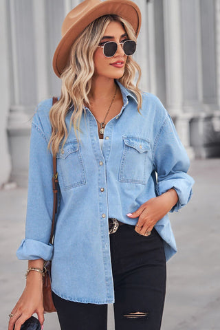 Collared Neck Dropped Shoulder Denim Top Divacious