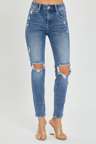 Full Size High Rise Knee Distressed Skinny Jeans Divacious