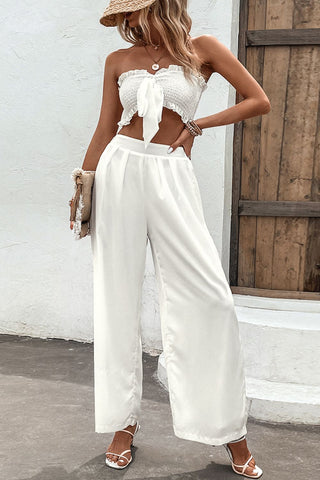 Shiny Smocked Tube Top and Wide Leg Pants Set Trendsi