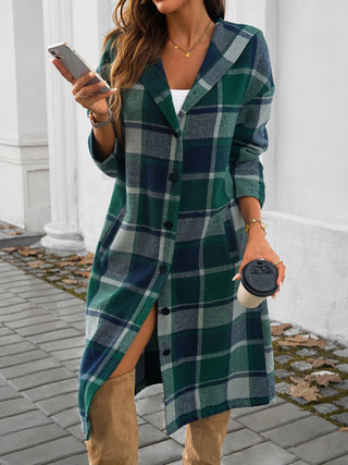 Plaid Long Sleeve Hooded Coat Divacious