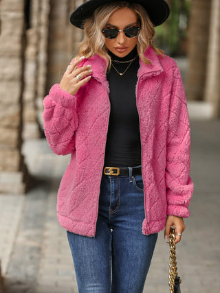 Fuzzy Pocketed Zip Up Jacket Divacious