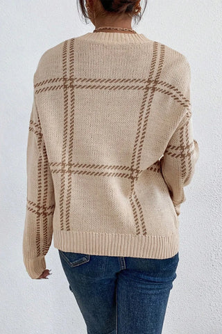 Plaid Round Neck Dropped Shoulder Sweater - Divacious