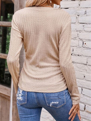 Textured Ruched V-Neck Long Sleeve T-Shirt Divacious