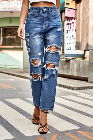 Distressed High Waist Straight Jeans Divacious