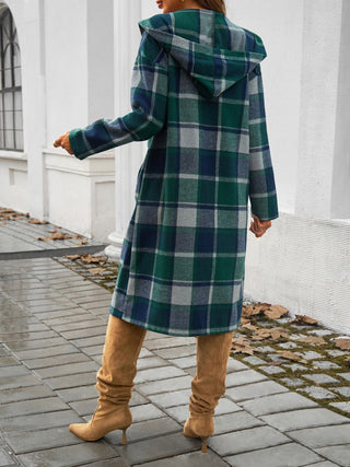 Plaid Long Sleeve Hooded Coat Divacious