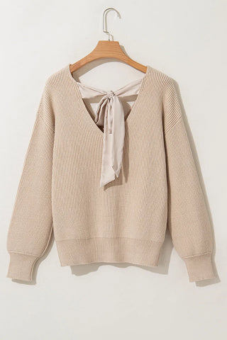 Tied V-Neck Long Sleeve Sweater Divacious