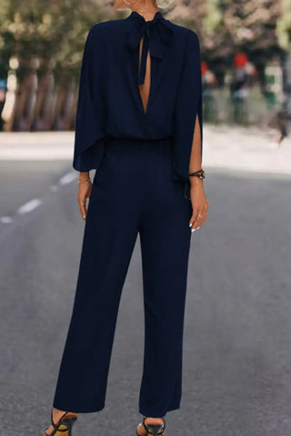 Tie Back Mock Neck Split Sleeve Jumpsuit Divacious