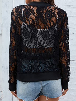 Sheer Lace Zip Up Long Sleeve Jacket Divacious