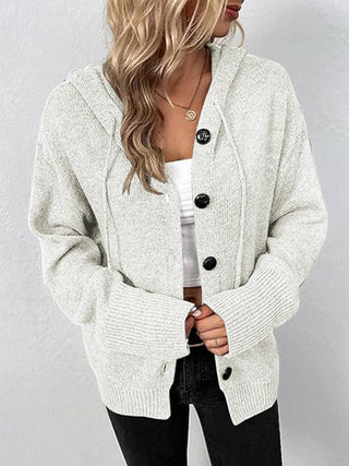 Button Up Drawstring Long Sleeve Hooded Cardigan Divacious