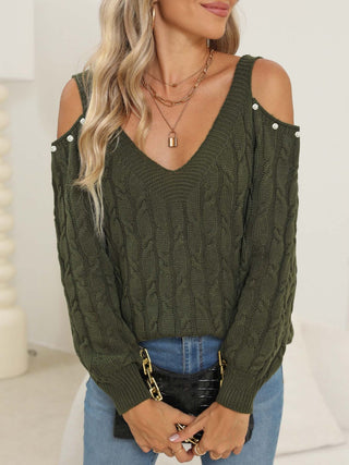 Cable-Knit Cold Shoulder Sweater - Divacious