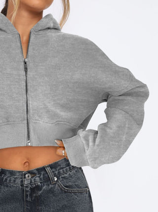 Zip Up Long Sleeve Hooded Cropped Jacket Trendsi