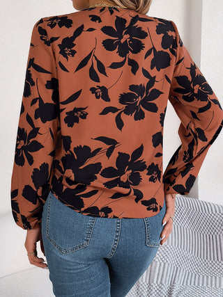 Printed V-Neck Long Sleeve Blouse Divacious