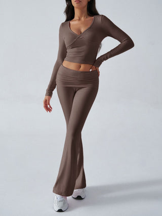 Ruched Long Sleeve Top and Pants Set - Divacious