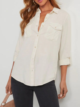 Collared Neck Roll-Tab Sleeve Denim Top - Divacious