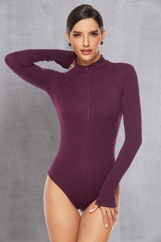 Full Size Ribbed Half Zip Long Sleeve Bodysuit Divacious