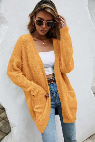 Open Front Openwork Fuzzy Cardigan with Pockets Divacious