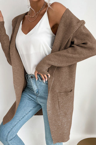 Ribbed Open Front Hooded Cardigan with Pockets Divacious