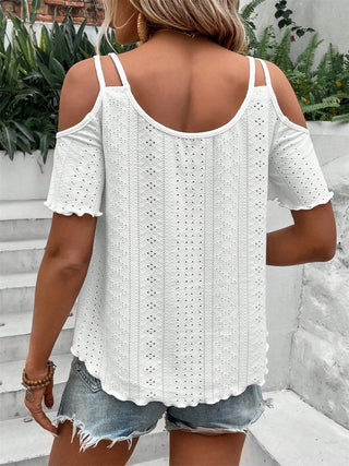 Eyelet Cold Shoulder Short Sleeve Blouse Divacious