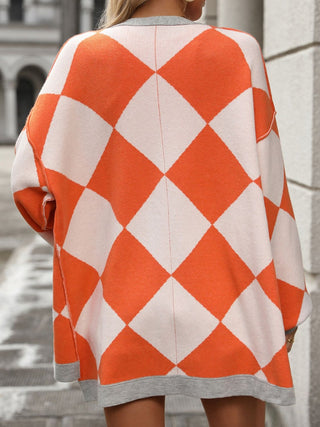 Checkered Dropped Shoulder Long Sleeve Cardigan Divacious