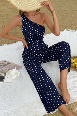 Polka Dot One-Shoulder Jumpsuit Trendsi