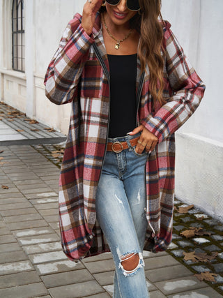 Plaid Zip Up Hooded Coat Divacious