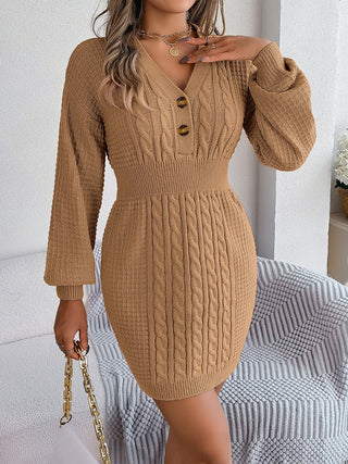 Buttoned Cable-Knit V-Neck Sweater Dress Divacious