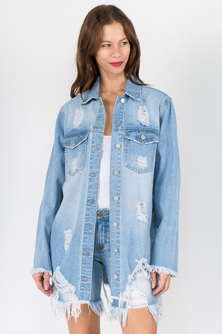 American Bazi Distressed Frayed Hem Denim Jacket Trendsi