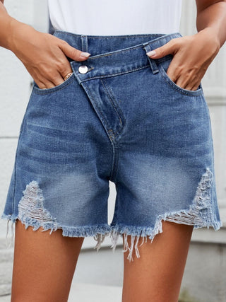 Distressed Raw Hem Asymmetric Waist Denim Shorts Divacious